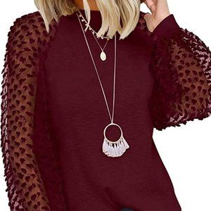 Maroon Long Sleeve PomPom Balloon Sleeve Top